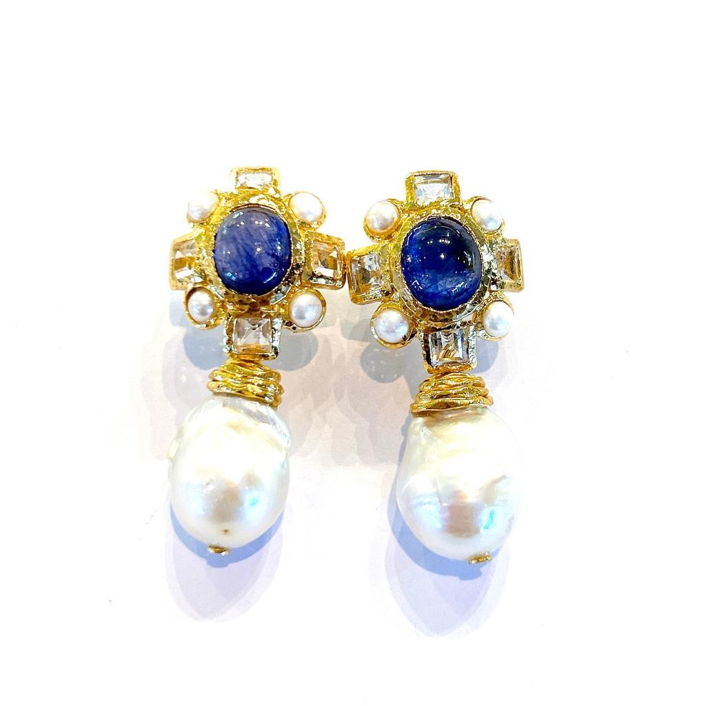 Baroque Bochic “Capri” Blue Sapphire & South Sea Pearl Earrings Set In 18K Gold & Silver For Sale