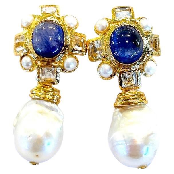 Bochic “Capri” Blue Sapphire & South Sea Pearl Earrings Set In 18K Gold & Silver For Sale