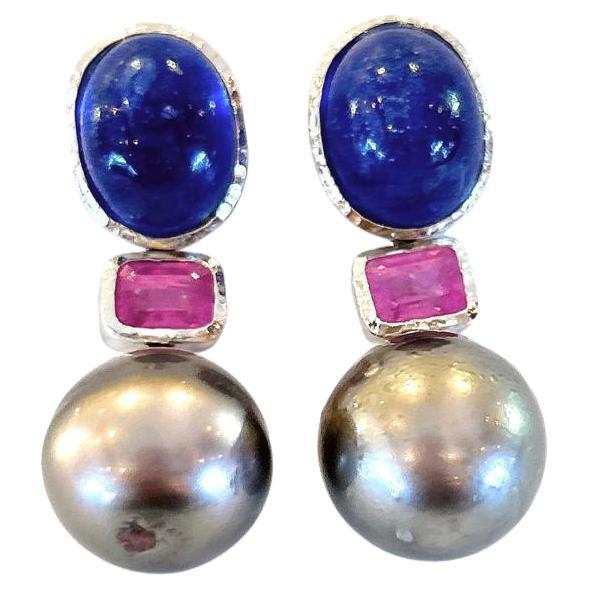 Bochic “Capri” Blue Sapphire & Tahiti Pearl Earrings Set In 18K Gold & Silver  For Sale
