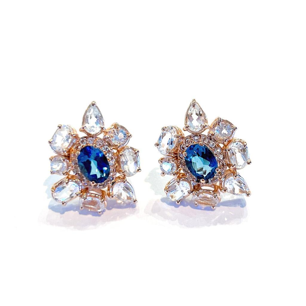 Baroque Bochic “Capri” Blue London Topaz Clip on Earrings Set In 18K Gold & Silver  For Sale