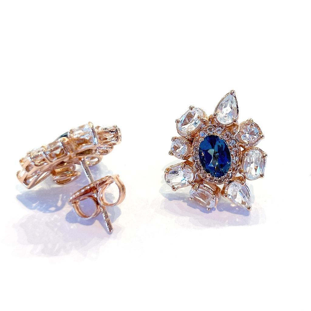 Women's Bochic “Capri” Blue London Topaz Clip on Earrings Set In 18K Gold & Silver  For Sale