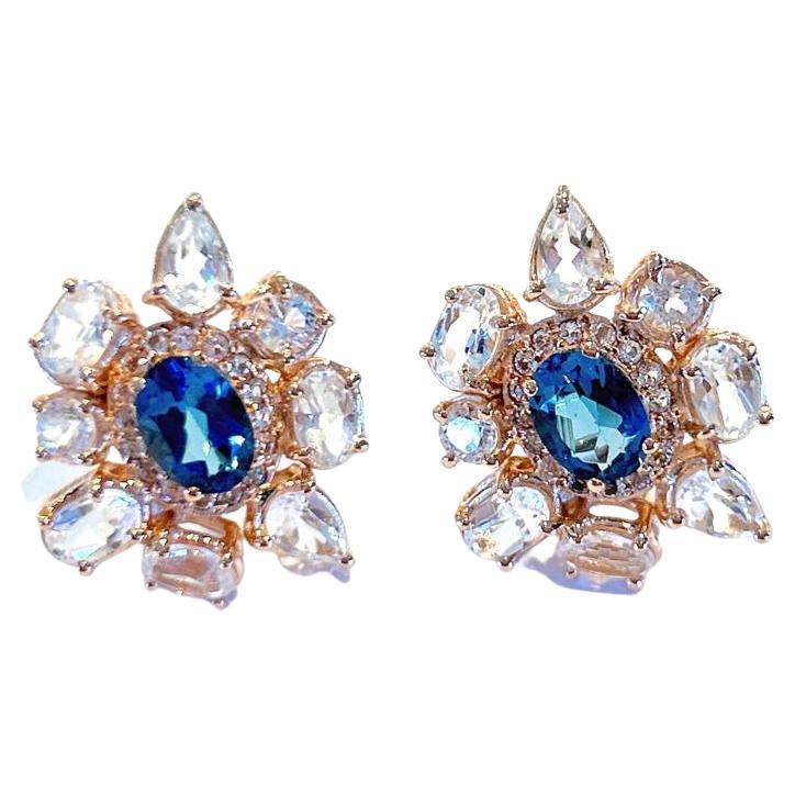 Bochic “Capri” Blue London Topaz Clip on Earrings Set In 18K Gold & Silver  For Sale