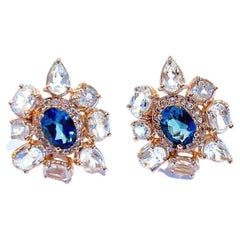 Bochic “Capri” Blue London Topaz Clip on Earrings Set In 18K Gold & Silver 