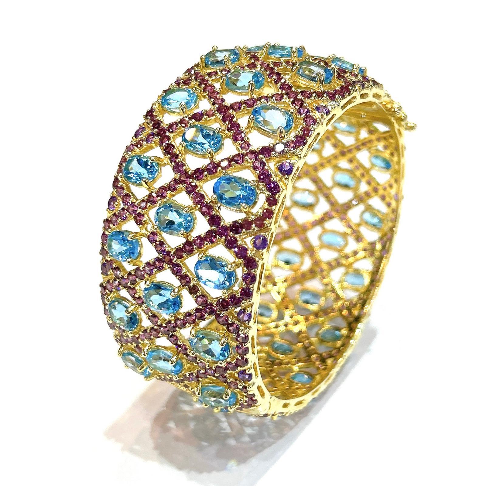 Brilliant Cut Bochic “Capri” Blue Topaz & Amethyst Gem & Cuff Set In 18K Gold & Silver For Sale