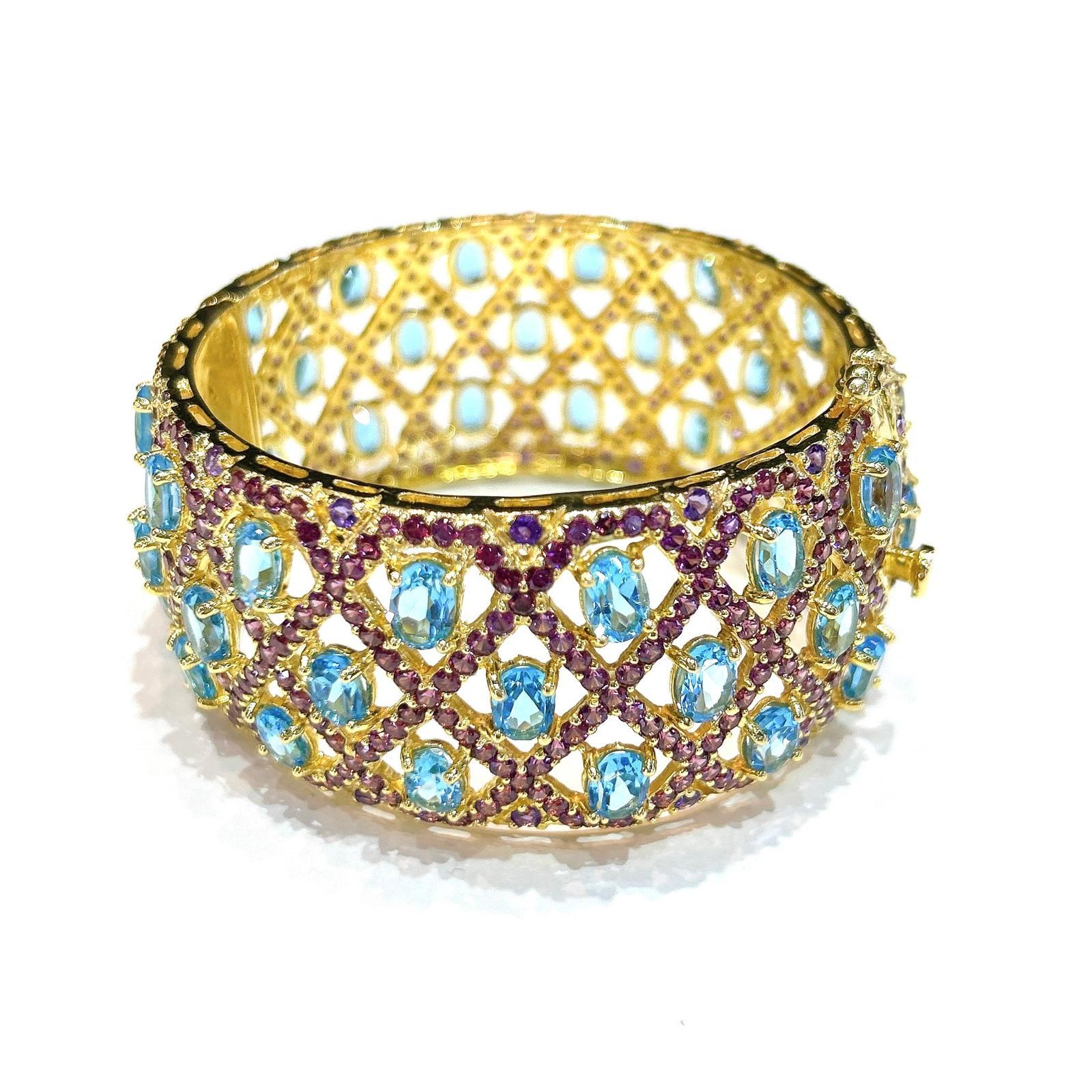 Bochic “Capri” Blue Topaz & Amethyst Gem & Cuff Set In 18K Gold & Silver For Sale 1