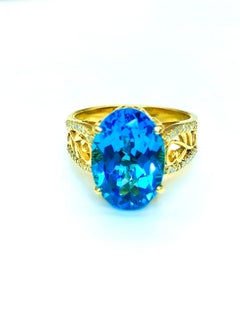 Bochic “Capri” Vintage Blue Topaz & Diamonds Retro Ring 18K Gold & Silve
