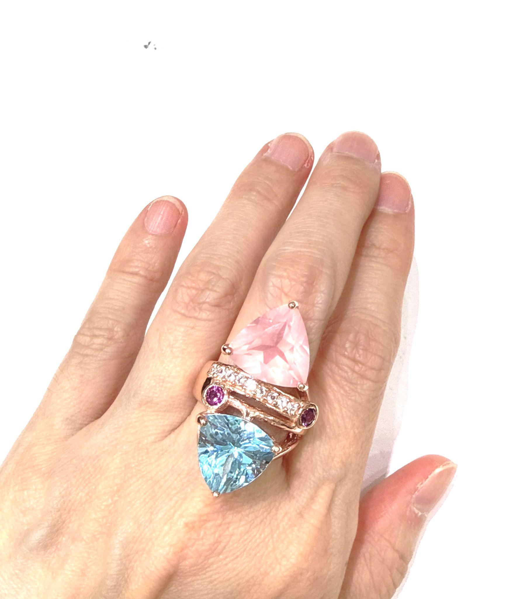 Bochic “Capri” Blue Topaz & Pink Quartz  Ring Set In 18K Gold & Silver For Sale 5