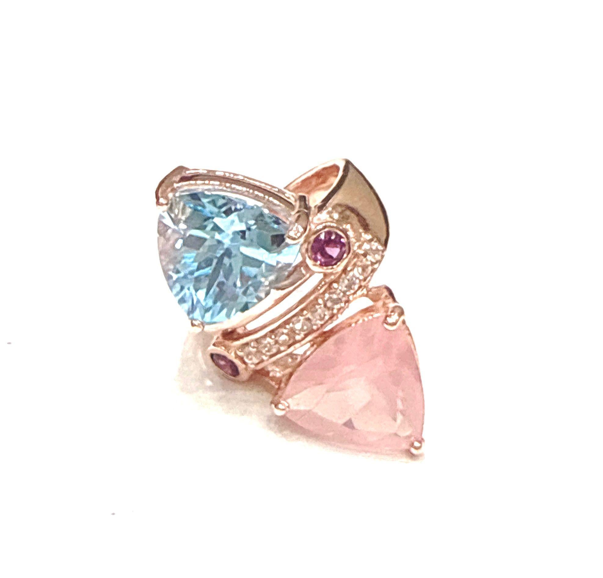 Bochic “Capri” Blue Topaz & Pink Quartz  Ring Set In 18K Gold & Silver For Sale 7