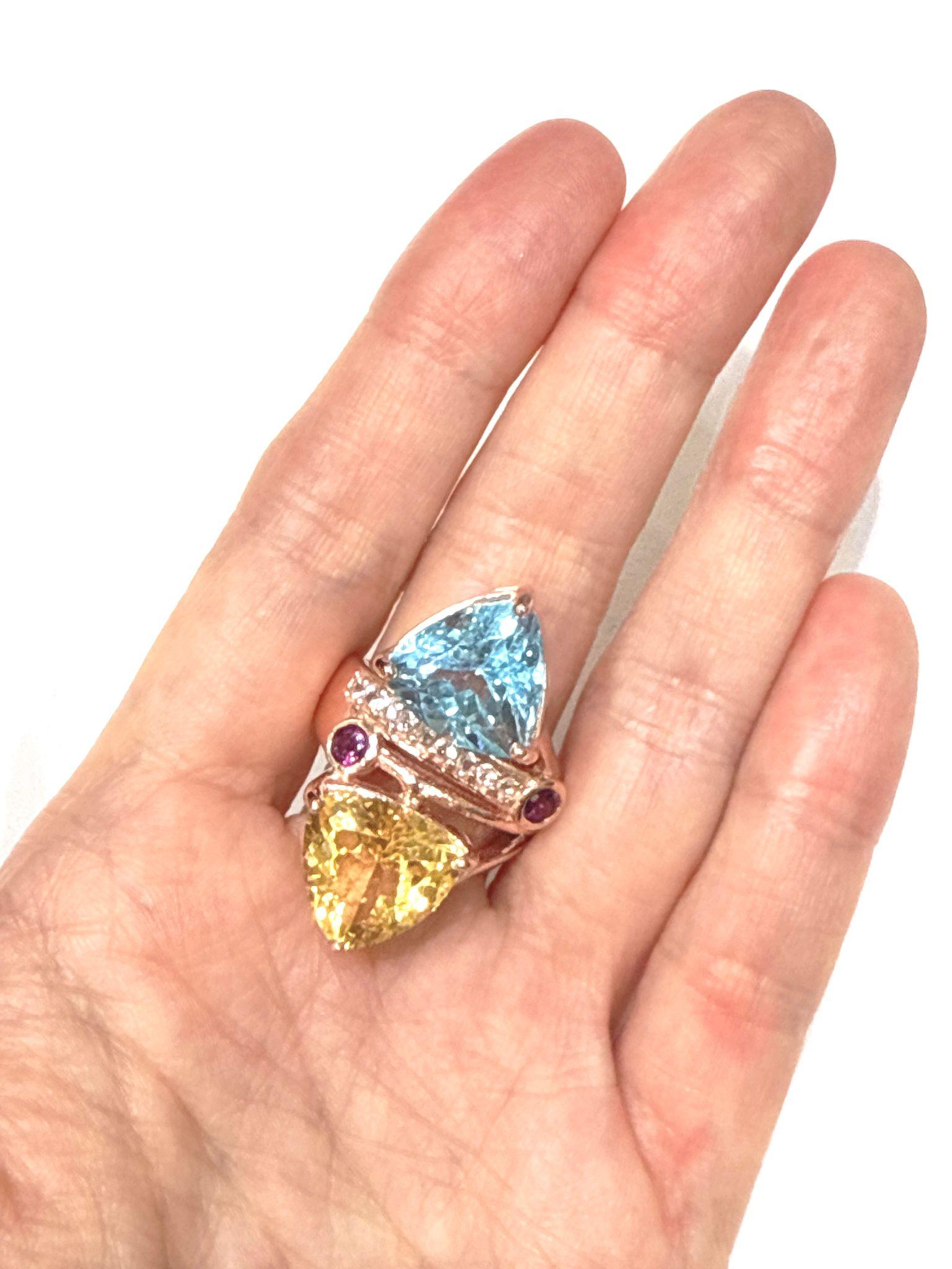Romantic Bochic “Capri” Blue Topaz & Pink Quartz  Ring Set In 18K Gold & Silver For Sale