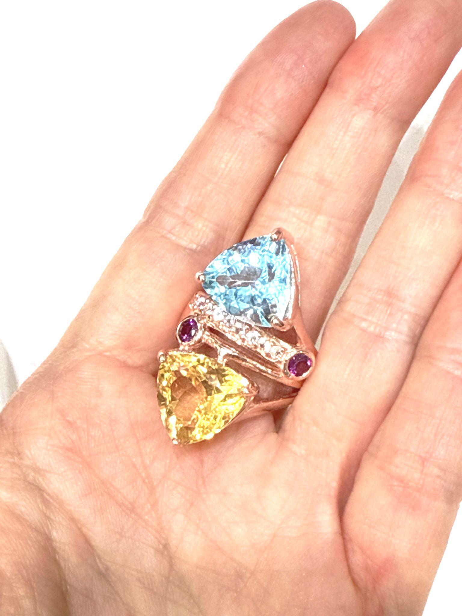 Trillion Cut Bochic “Capri” Blue Topaz & Pink Quartz  Ring Set In 18K Gold & Silver For Sale