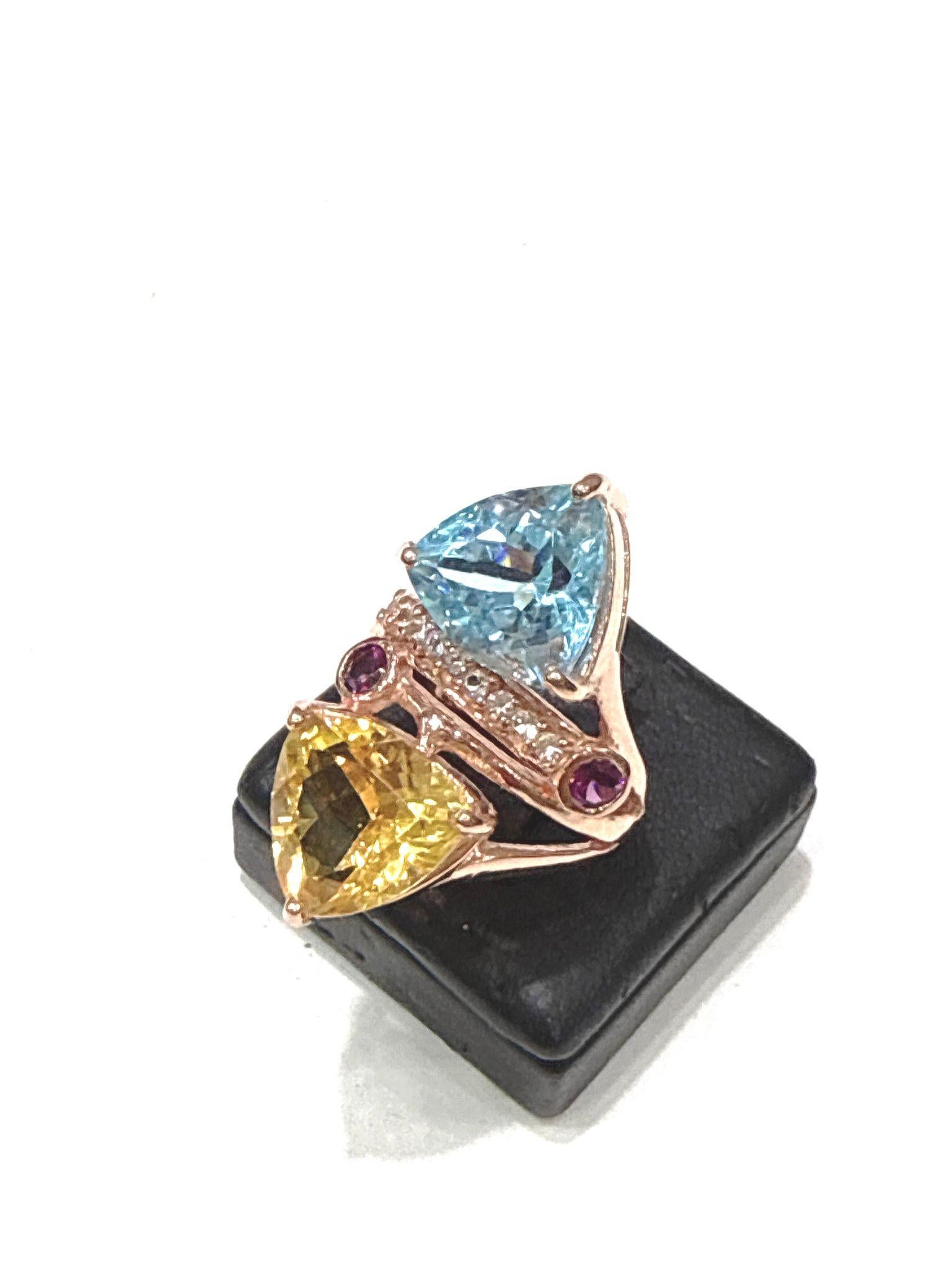 Bochic “Capri” Blue Topaz & Pink Quartz  Ring Set In 18K Gold & Silver For Sale 1