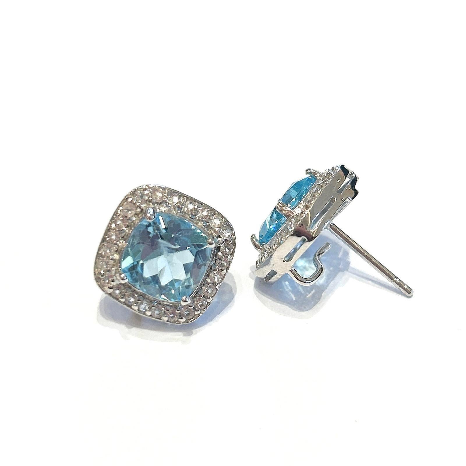 Art Deco Bochic “Capri” Blue Topaz & White Topaz Italian Stud Earrings Set 18K