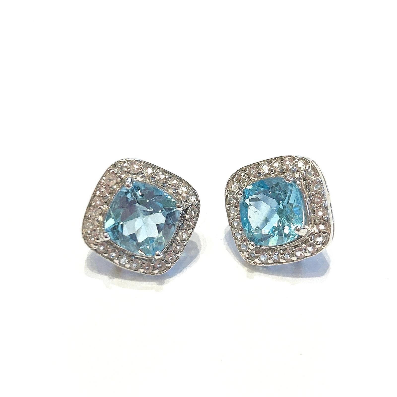 Square Cut Bochic “Capri” Blue Topaz & White Topaz Italian Stud Earrings Set 18K