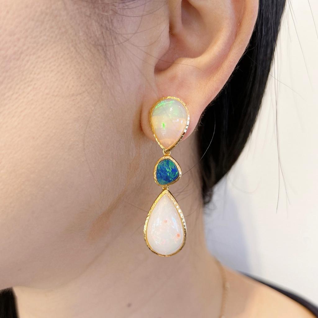 Pear Cut Bochic “Capri” Blue & White Opal Earrings Set In 18K Gold & Silver  For Sale