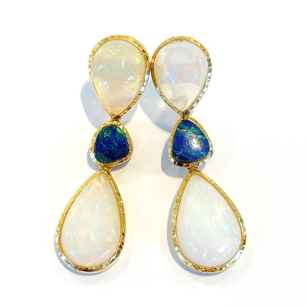Women's Bochic “Capri” Blue & White Opal Earrings Set In 18K Gold & Silver  For Sale