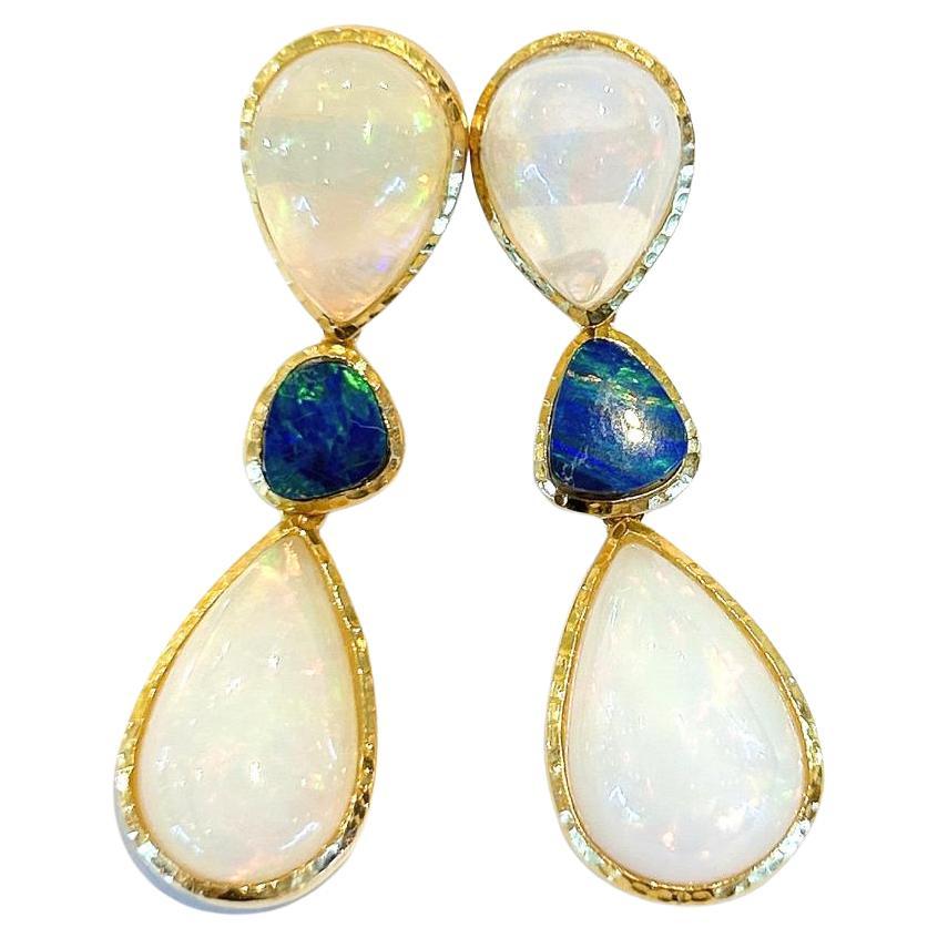 Bochic “Capri” Blue & White Opal Earrings Set In 18K Gold & Silver  For Sale