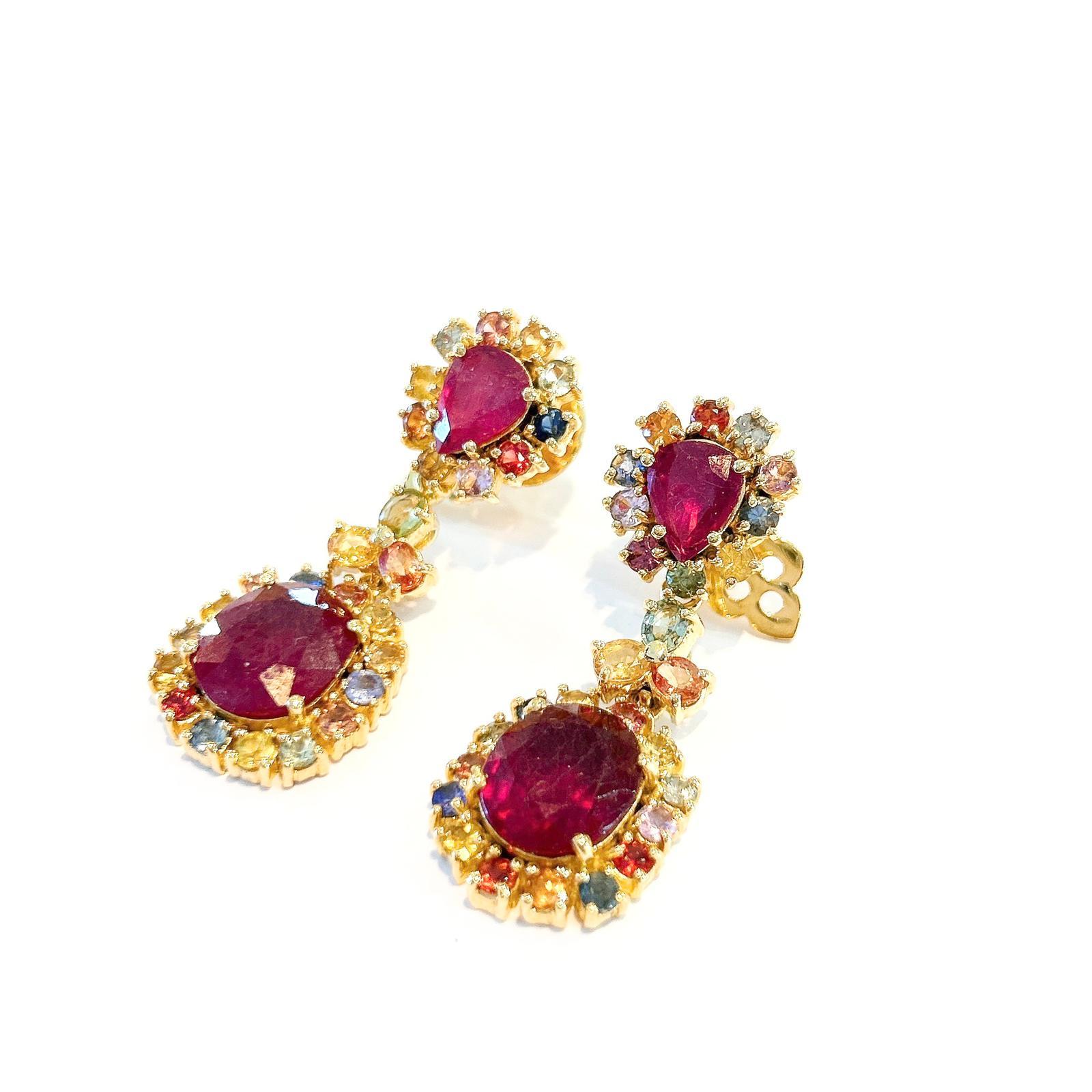 “Capri” Campari Ruby & Multi Color Sapphire Earrings Set in Gold&Silver  For Sale 5