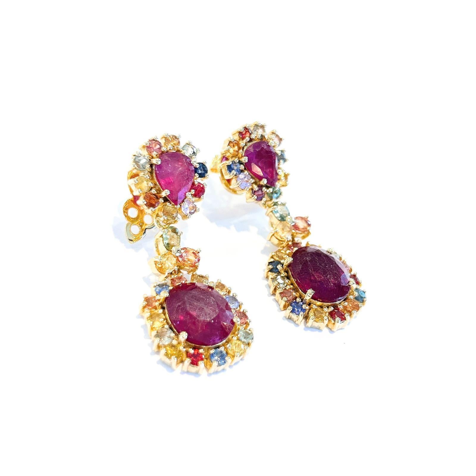 “Capri” Campari Ruby & Multi Color Sapphire Earrings Set in Gold&Silver  For Sale 6