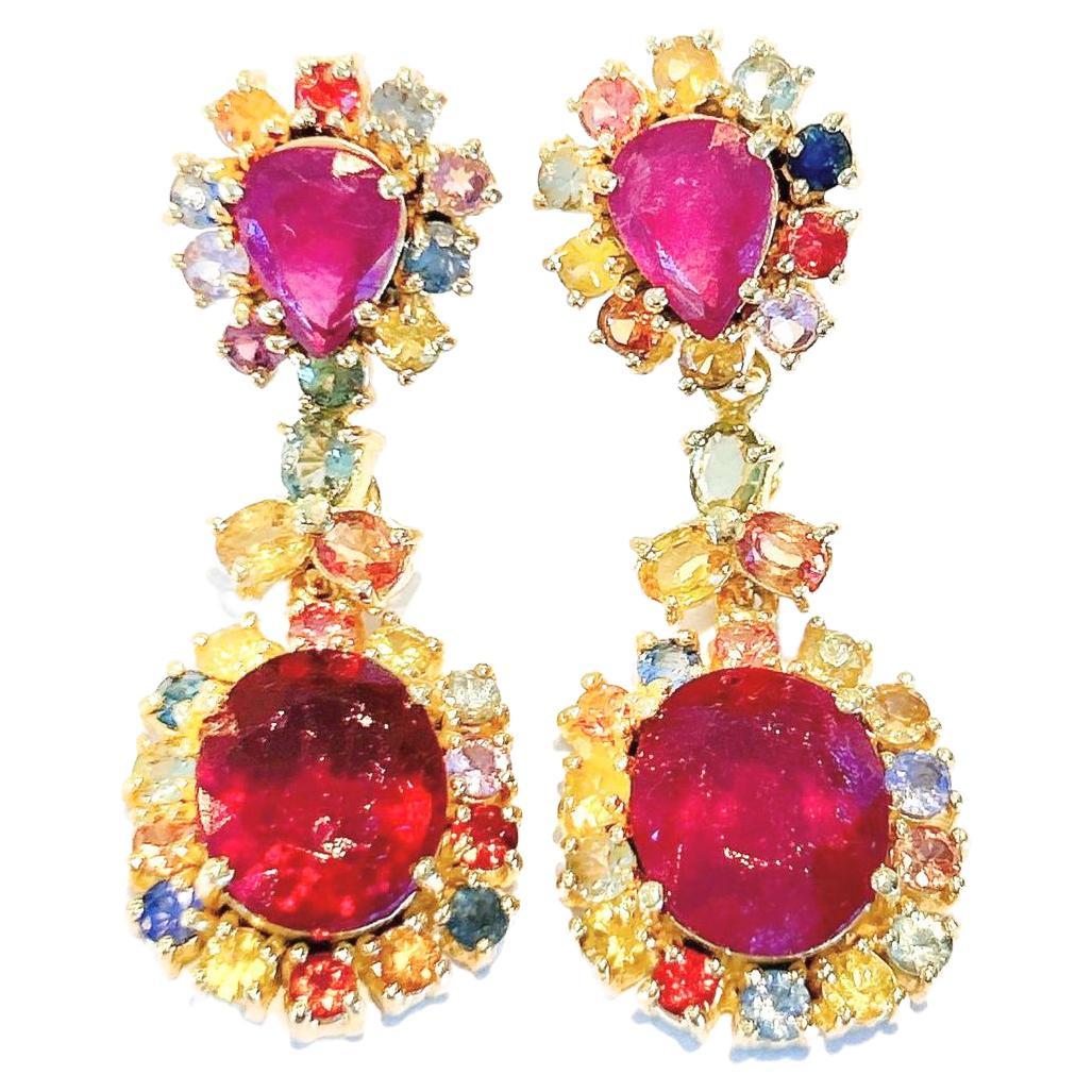 Belle Époque “Capri” Campari Ruby & Multi Color Sapphire Earrings Set in Gold&Silver  For Sale