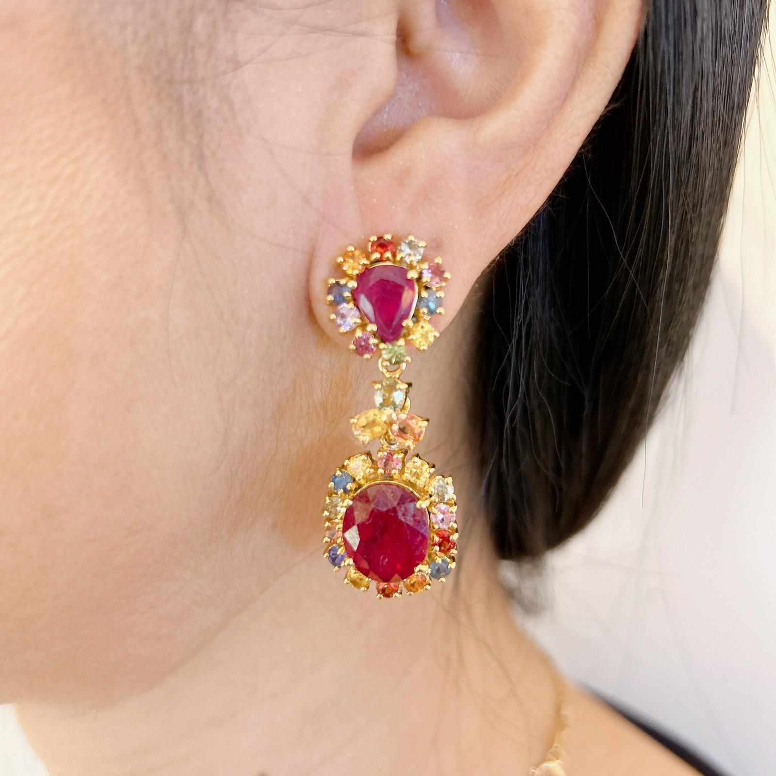 Brilliant Cut “Capri” Campari Ruby & Multi Color Sapphire Earrings Set in Gold&Silver  For Sale
