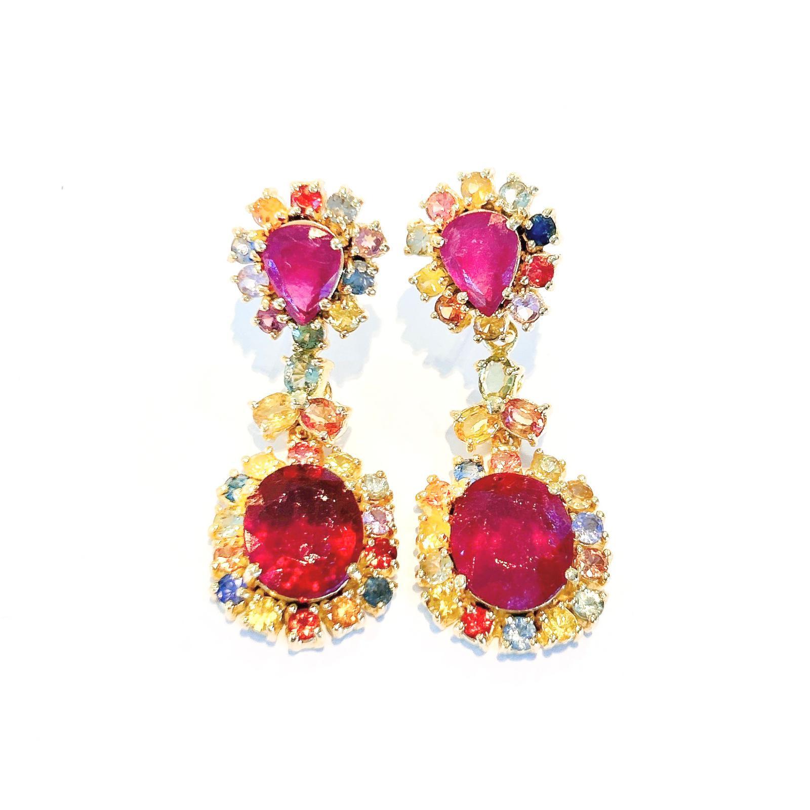 “Capri” Campari Ruby & Multi Color Sapphire Earrings Set in Gold&Silver  In New Condition For Sale In New York, NY
