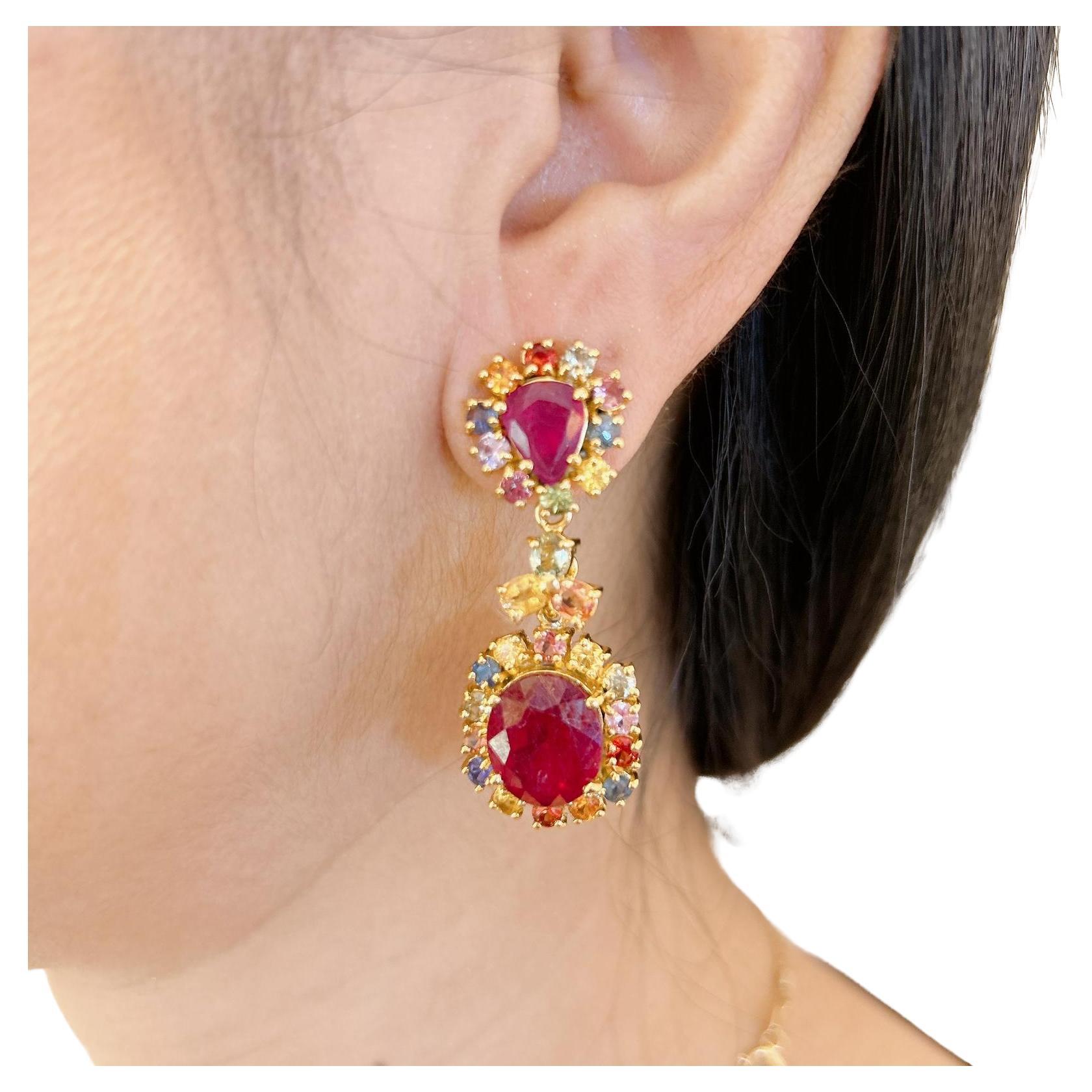 Bochic “Capri” Campari Ruby & Multi Color Fancy Sapphire Earrings Set in Gold&Silver set 22K Gold & Silver w
Natural Red Ruby - 19 carats
Natural Multi Color Sapphire from Sri Lankan  - 5 carats 
Sapphire colors, Red, Orange and Pink
This Earrings
