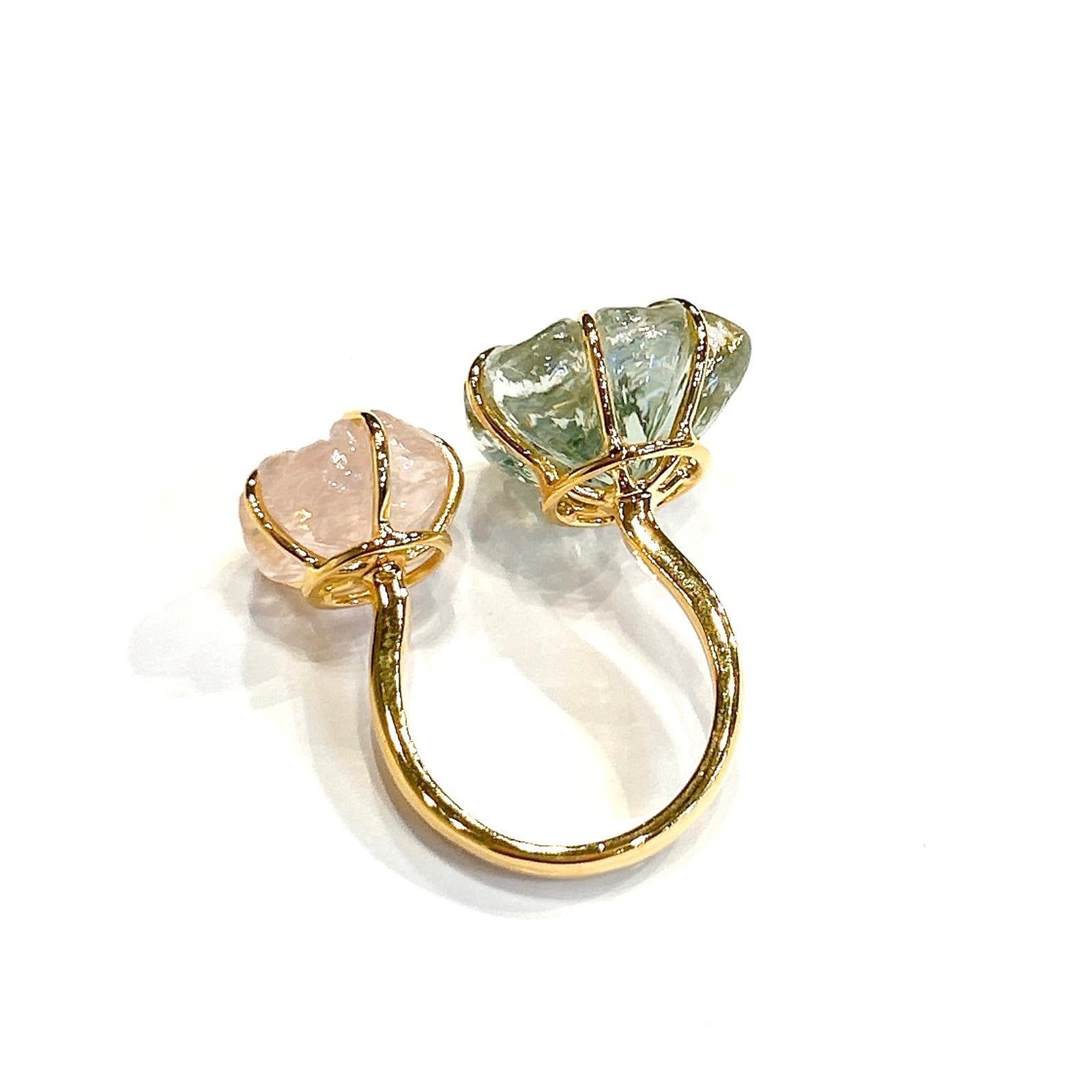 Belle Époque Bochic “Capri” Carved Green Amethyst & Pink Quartz Ring Set 18K Gold & Silver For Sale