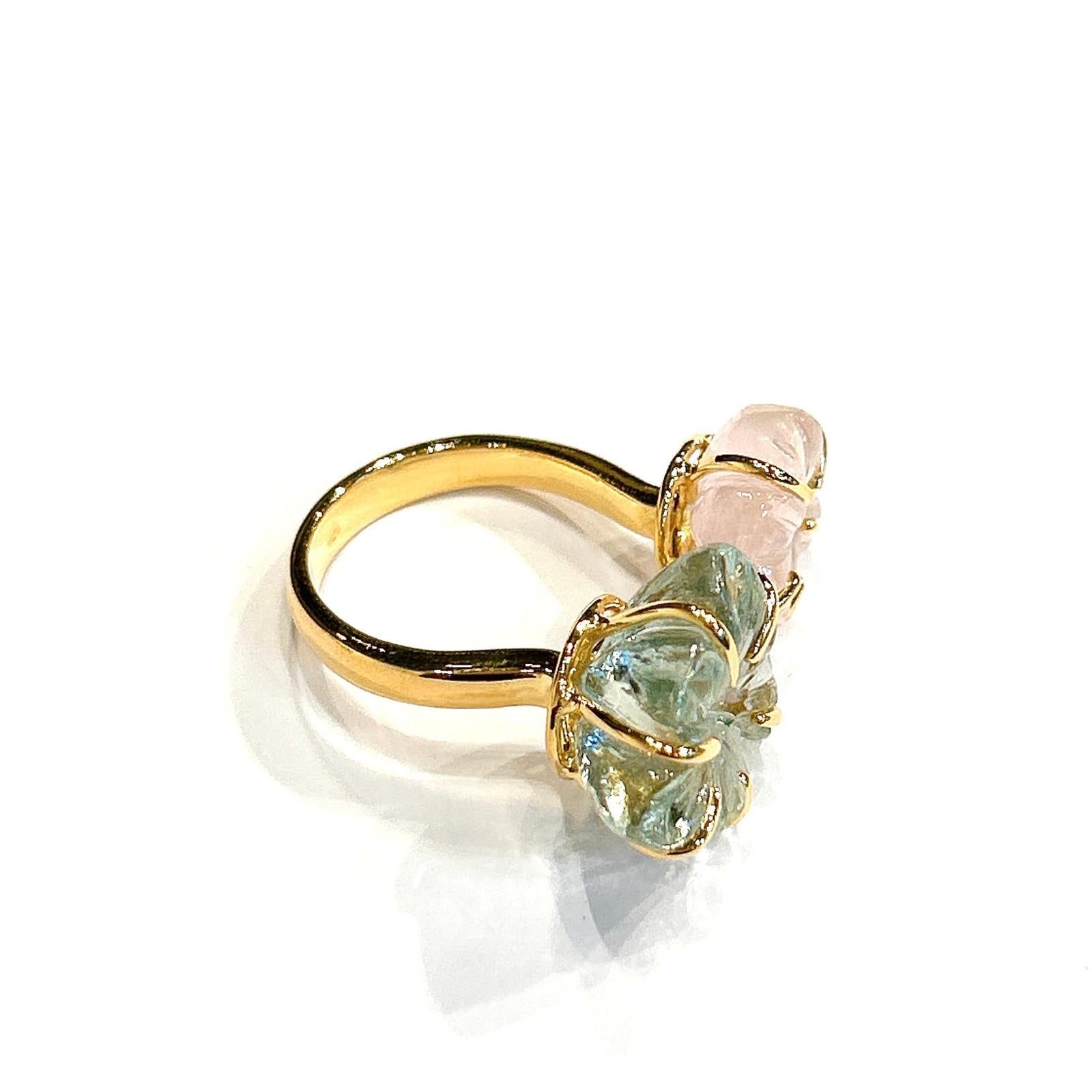 Cabochon Bochic “Capri” Carved Green Amethyst & Pink Quartz Ring Set 18K Gold & Silver For Sale