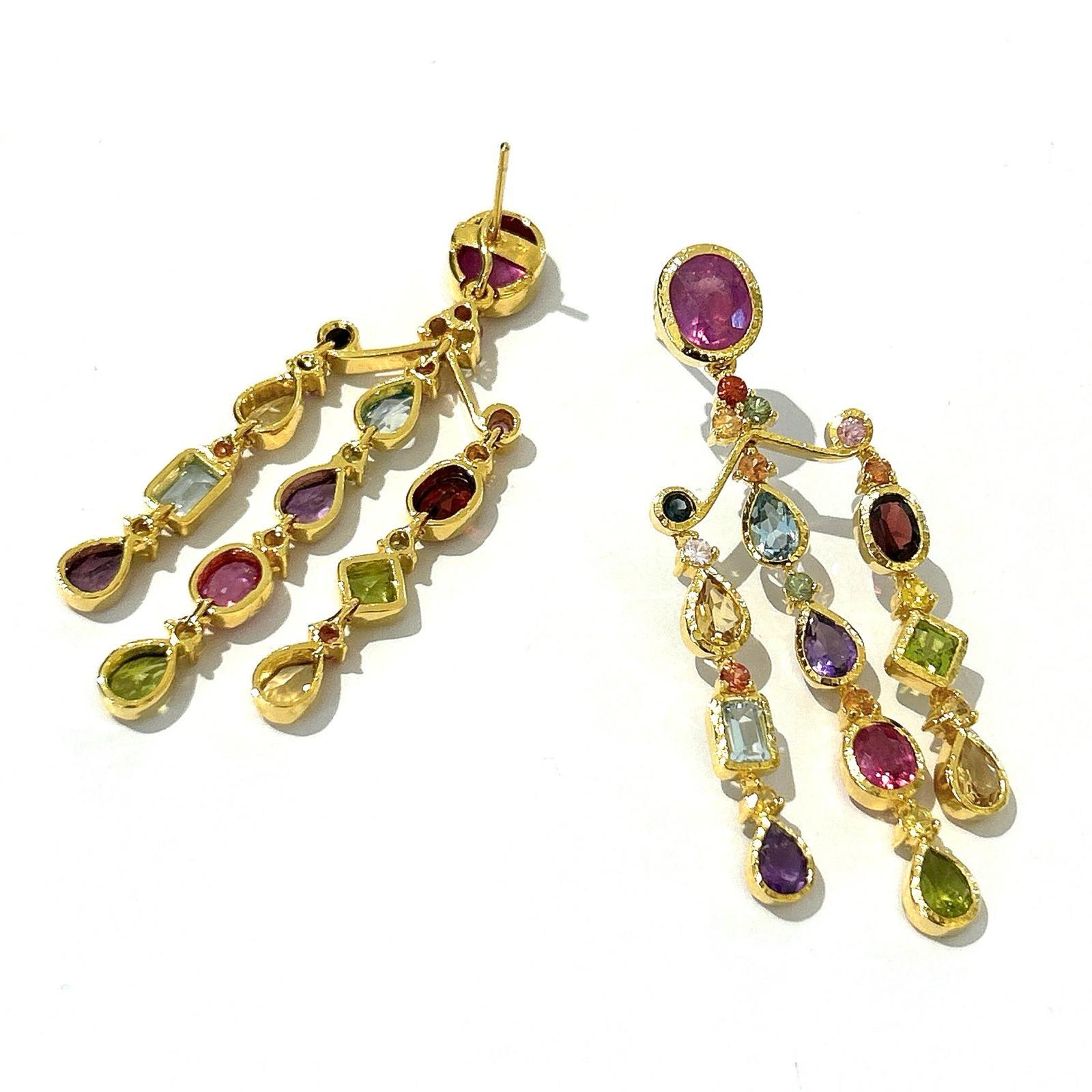 Early Victorian Bochic “Capri” Chandelier Ruby & Multi Gem Earrings Set In 18K Gold & Silver  For Sale