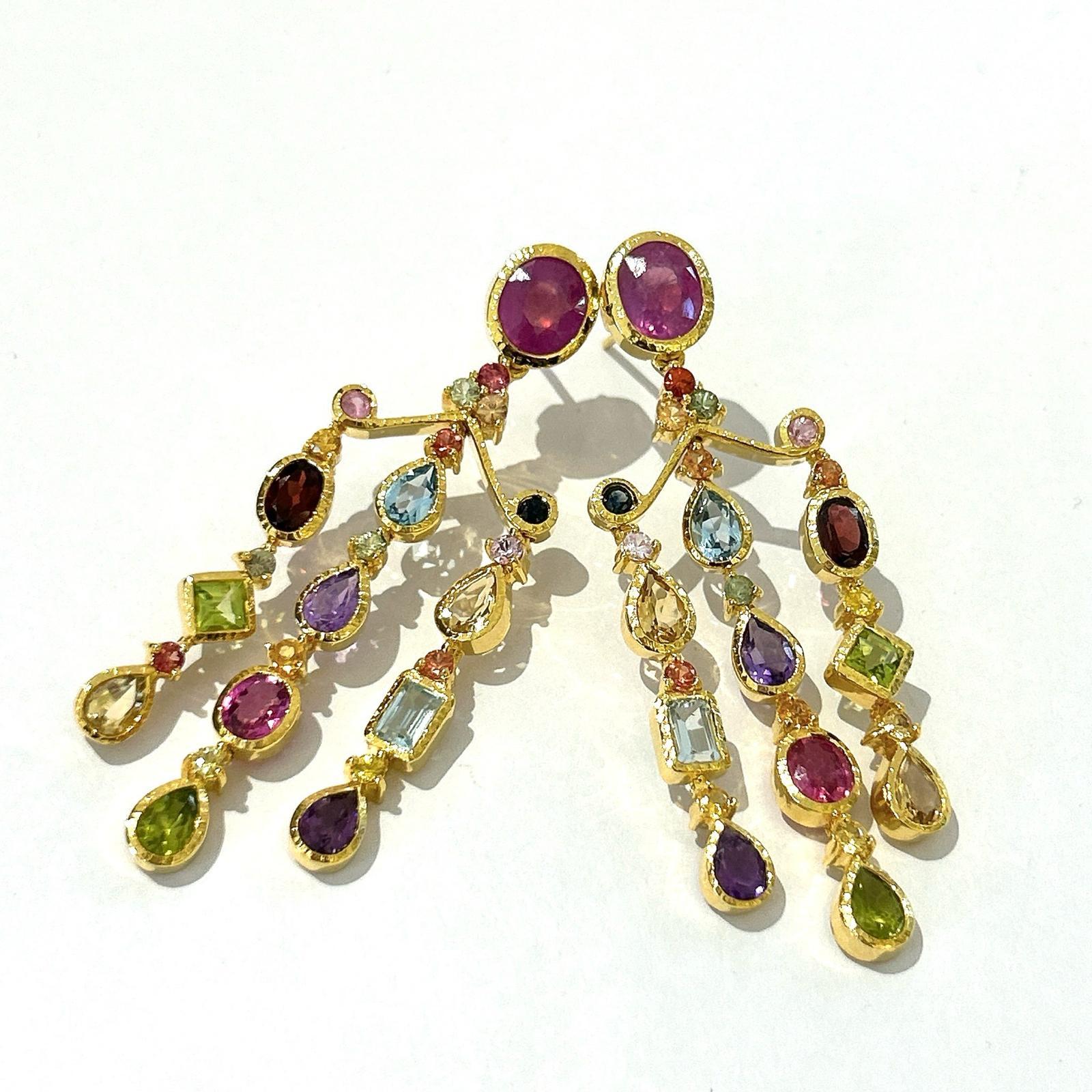 Women's or Men's Bochic “Capri” Chandelier Ruby & Multi Gem Earrings Set In 18K Gold & Silver  For Sale
