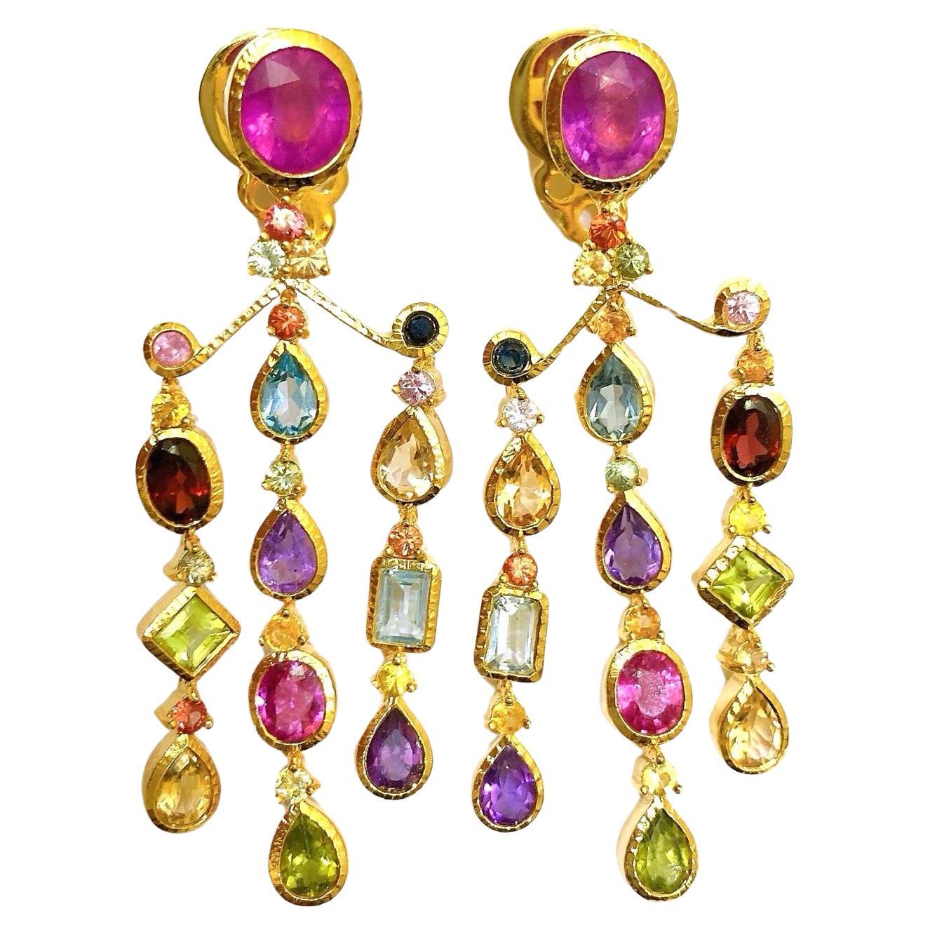 Bochic “Capri” Chandelier Ruby & Multi Gem Earrings Set In 18K Gold & Silver  For Sale