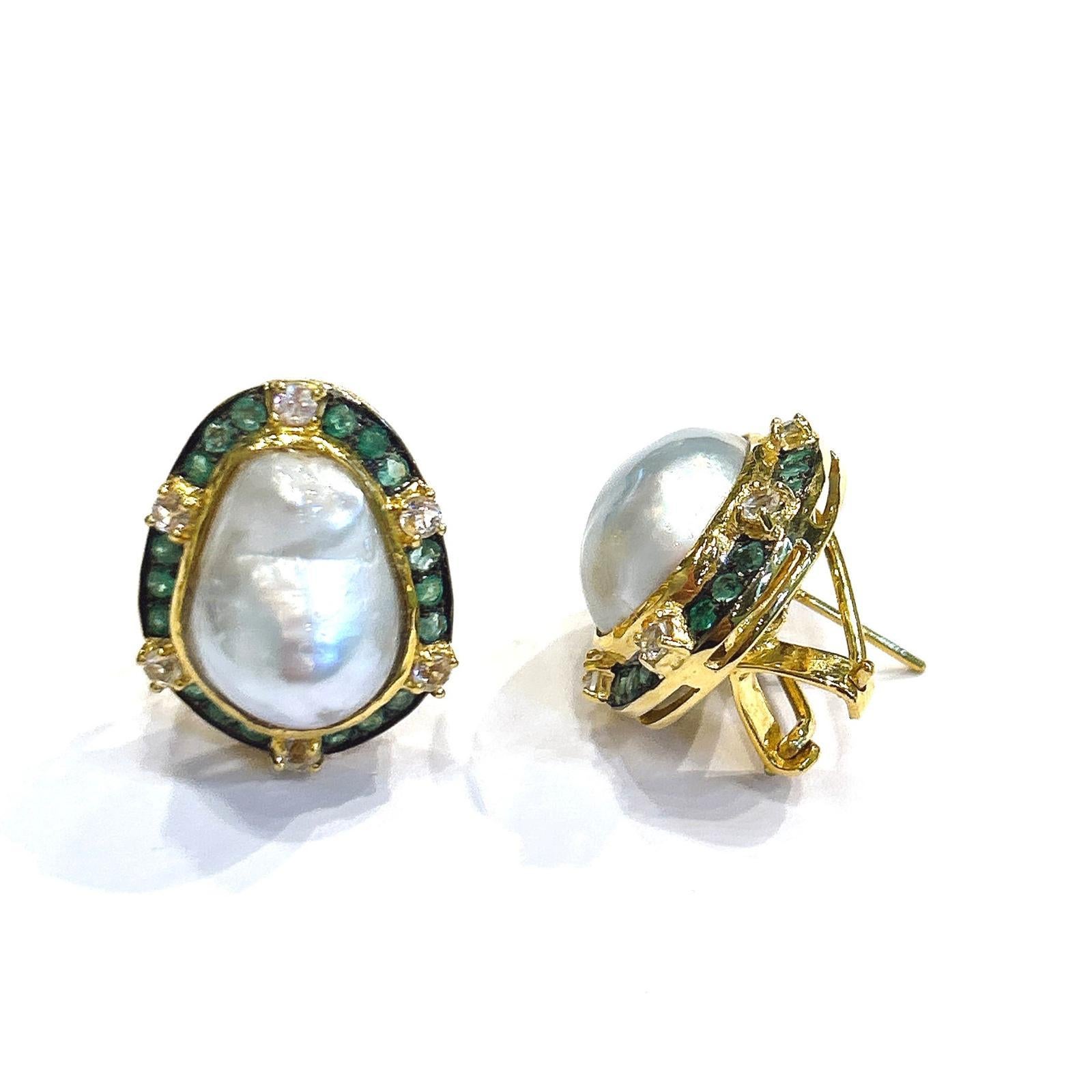 Byzantine Bochic “Capri” Classic, Emerald , Topaz & Pearl Earrings Set In 18K Gold & Silve