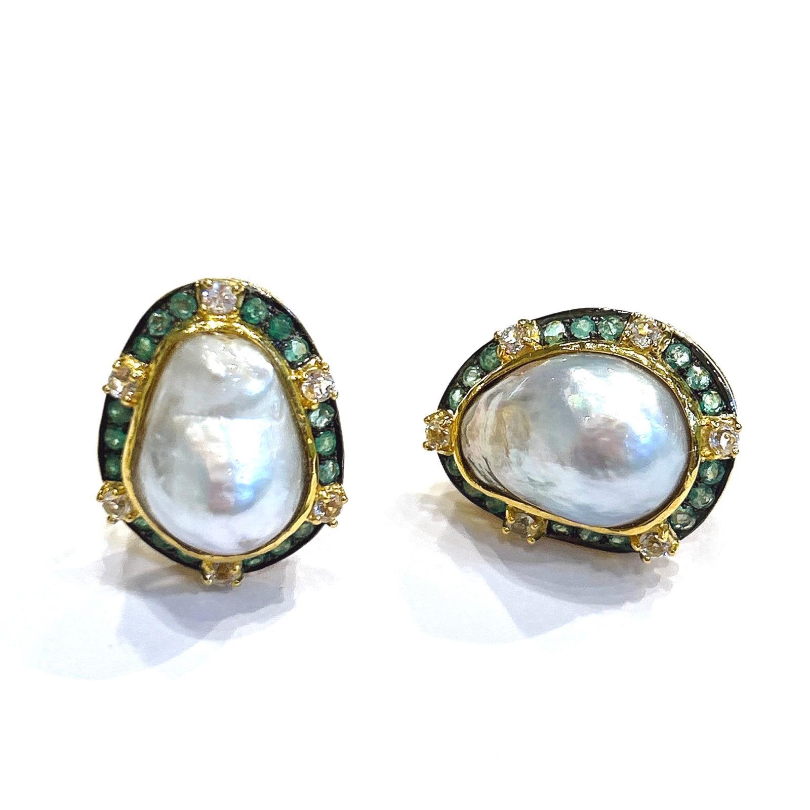 Brilliant Cut Bochic “Capri” Classic, Emerald , Topaz & Pearl Earrings Set In 18K Gold & Silve