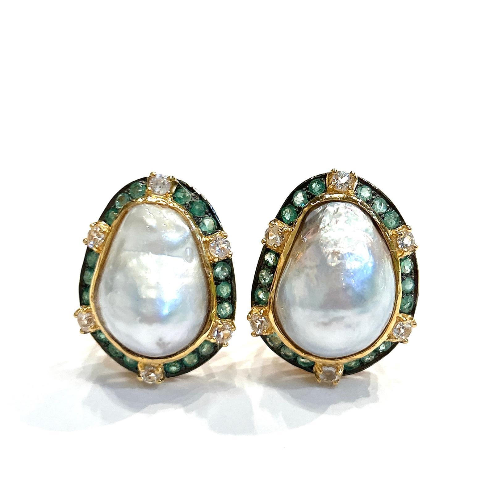 Bochic “Capri” Classic, Emerald , Topaz & Pearl Earrings Set In 18K Gold & Silve 1