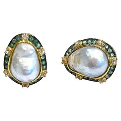 Bochic “Capri” Classic, Emerald , Topaz & Pearl Earrings Set In 18K Gold & Silve