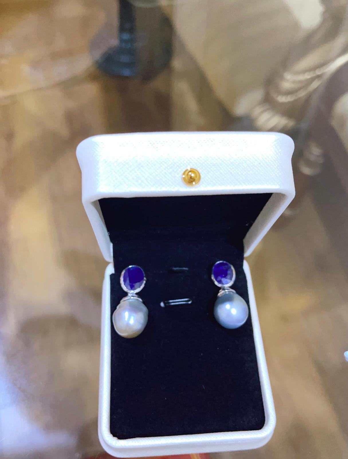 Women's Bochic “Capri” Classic, Sapphire, Topaz & Pearl Earrings Set In 18K Gold &Silver For Sale