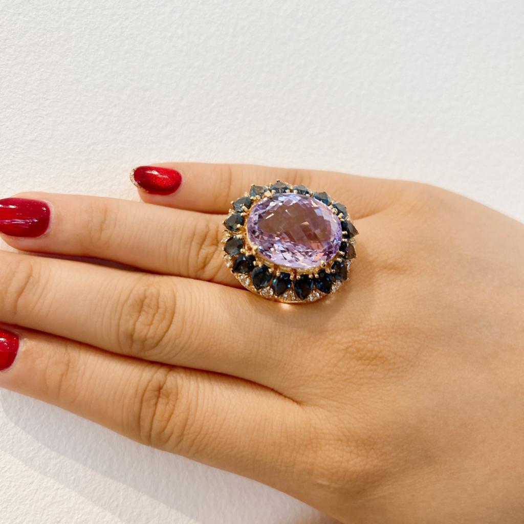 Baroque Bochic “Capri” Cocktail Ring, Amethyst, Sapphire, Topaz Set In 18K Gold & Silver For Sale