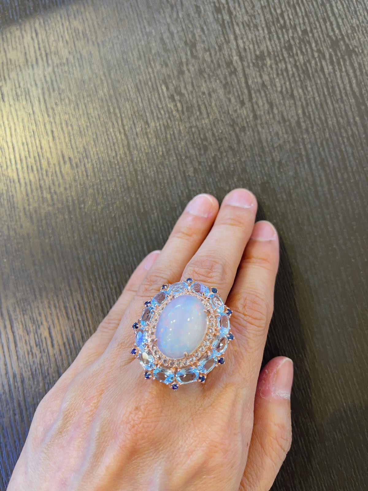 Belle Époque Bochic “Capri” Cocktail Ring with Natural White Opal & Blue Topaz For Sale