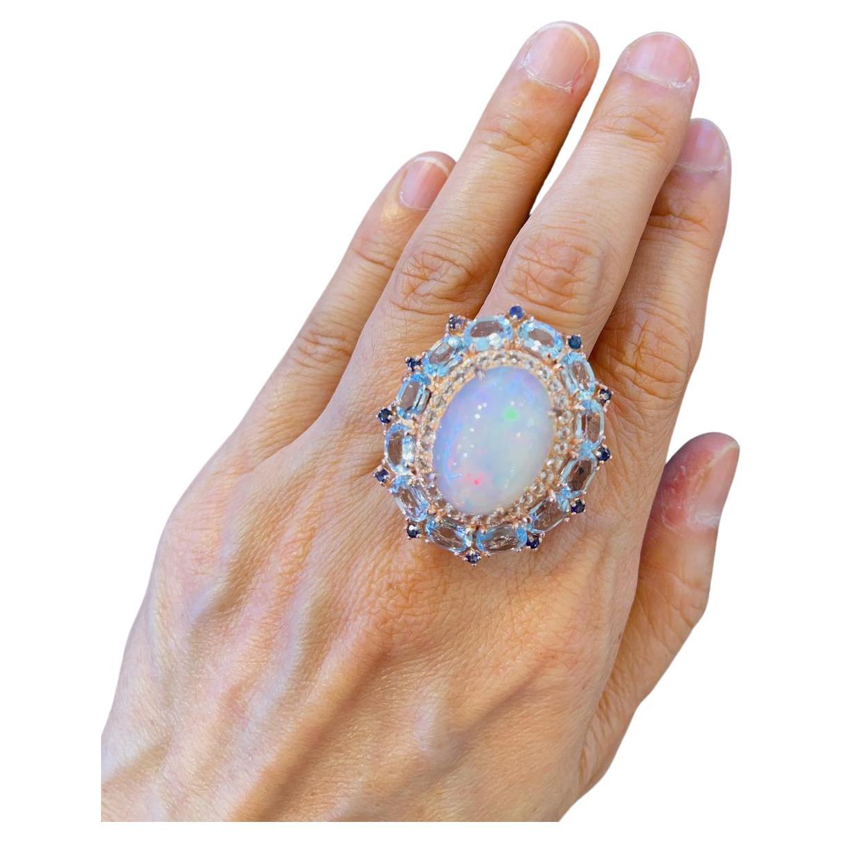 Bochic “Capri” Cocktail Ring with Natural White Opal & Blue Topaz For Sale