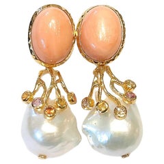 Bochic “Capri” Coral and Fancy Color Sapphire Earrings Set In 18K Gold 
Silver