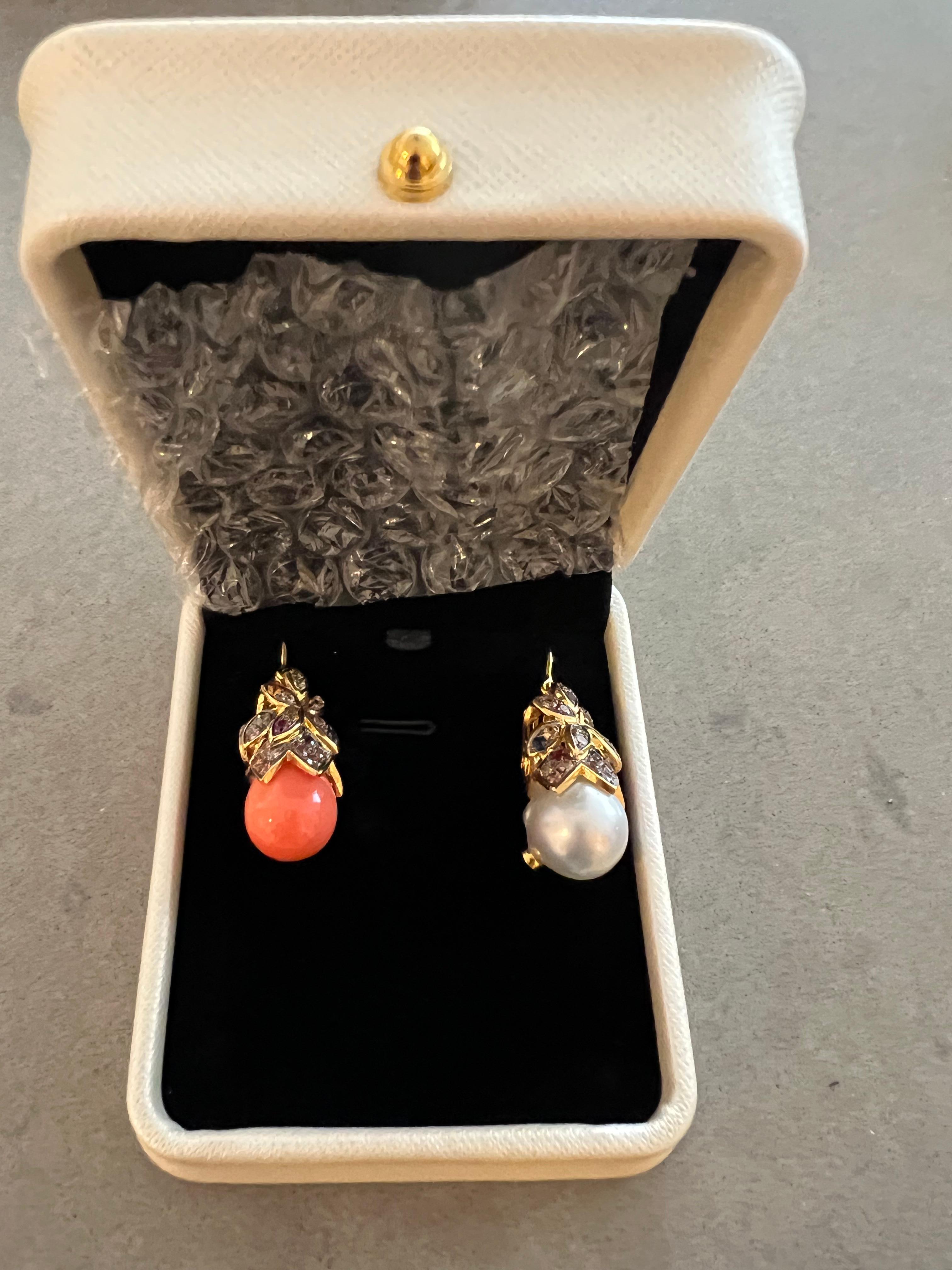 Bochic “Capri” Coral, Pearl & Rose Cut Sapphire Earrings Set18K Gold & Silver  For Sale 10