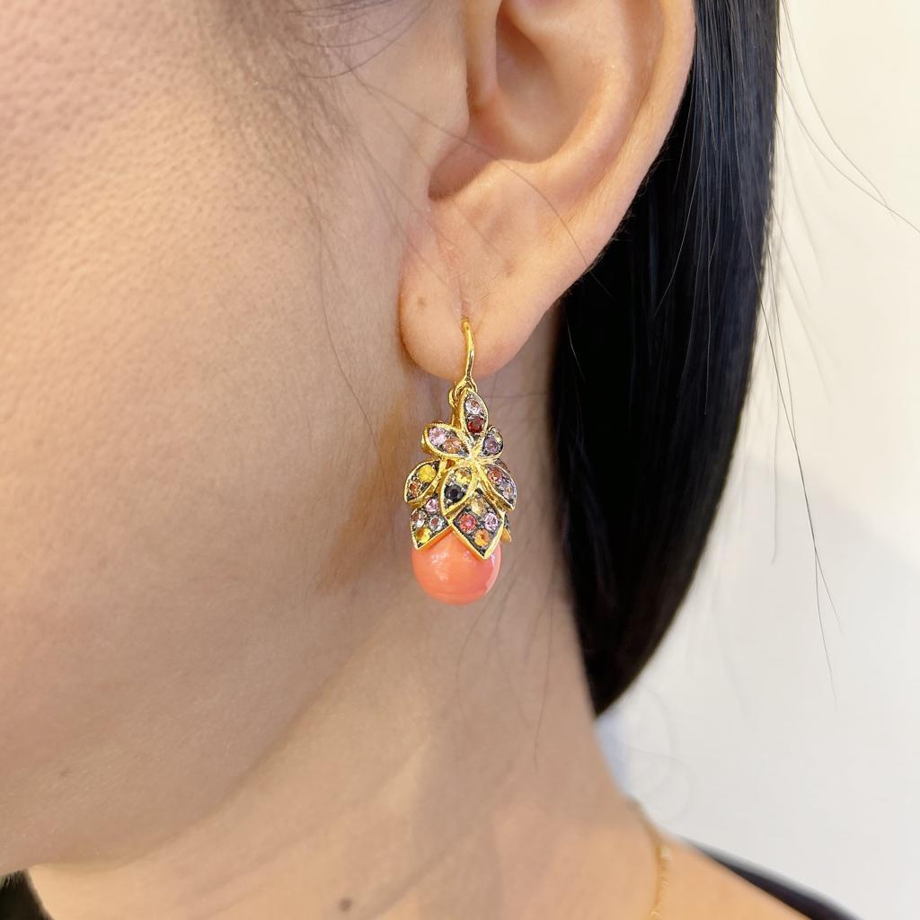 Bochic “Capri” Coral, Pearl & Rose Cut Sapphire Earrings Set18K Gold & Silver 
Salmon color coral
White South sea Pearl with pink tone 
Rose Cut Multi color Sapphire from Sri Lanka - 3 Carat

The earrings from the 