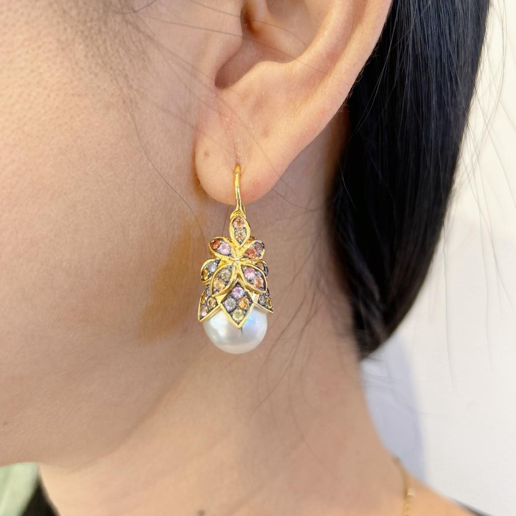 Baroque Bochic “Capri” Coral, Pearl & Rose Cut Sapphire Earrings Set18K Gold & Silver  For Sale