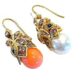 Bochic “Capri” Coral, Pearl 
Rose Cut Sapphire Earrings Set18K Gold 
Silver