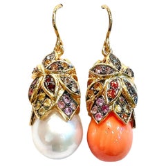 Bochic “Capri” Coral, Pearl & Rose Cut Sapphire Earrings Set18K Gold & Silver
