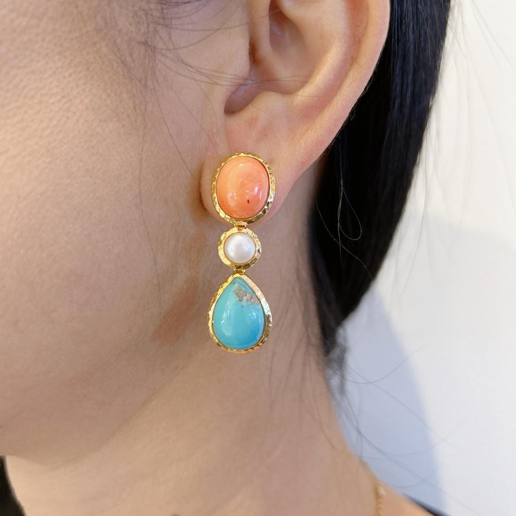 Bochic “Capri” Coral, Turquoise & Pearl Earrings Set In 18K Gold & Silver 
Salmon color pressed coral 
Turquoise pear shapes 
Fresh water white pearls with pink tone

The earrings from the 