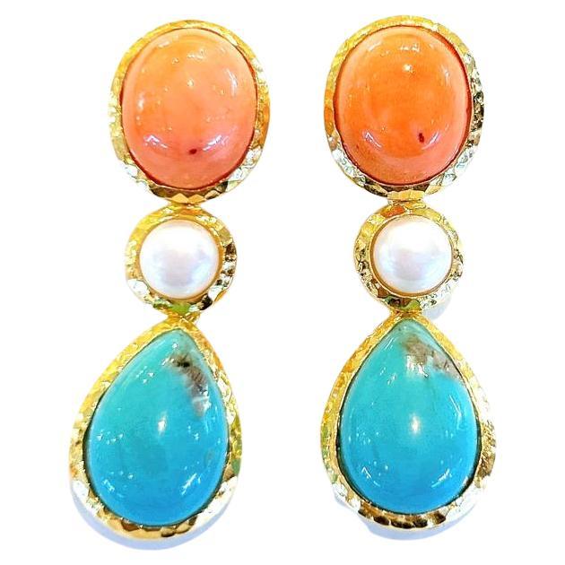 Bochic “Capri” Coral, Turquoise & Pearl Earrings Set In 18K Gold & Silver  For Sale