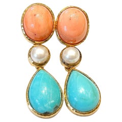 Used Bochic “Capri” Coral, Turquoise & Pearl Italian Earrings Set 18K Gold&Silver 