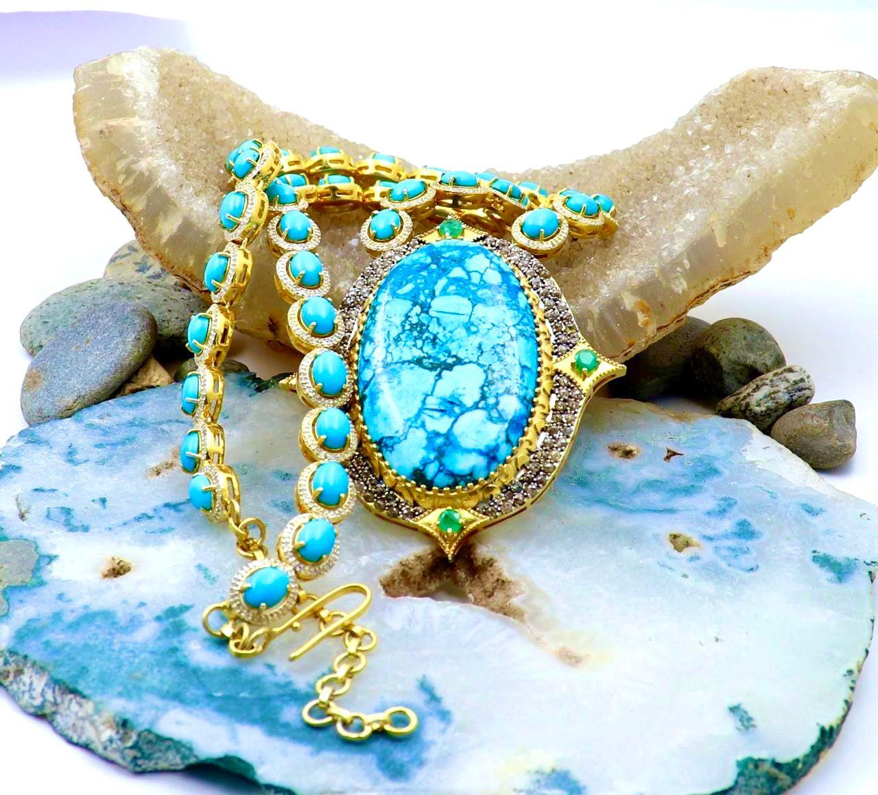 Bochic “Capri” Diamonds, Emeralds & Turquoise Necklace Set In 18K & Silver For Sale 5