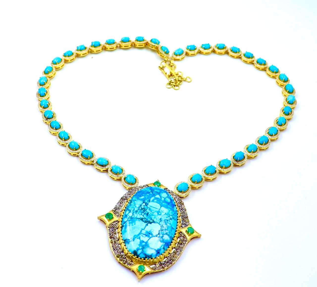 Baroque Bochic “Capri” Diamonds, Emeralds & Turquoise Necklace Set In 18K & Silver For Sale
